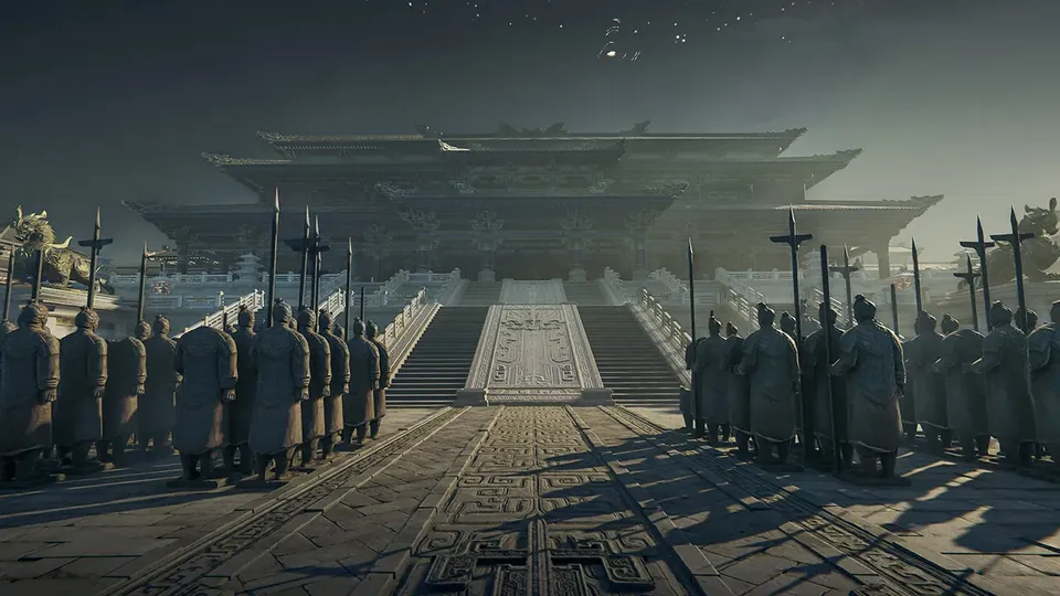 Warriors clashing mid-air after grapple-hooking across a rooftop in a wuxia-inspired arena