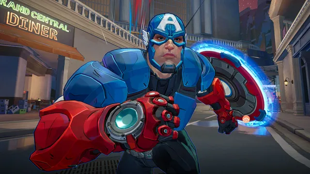 Captain America holding his shield with Gambit throwing charged cards in the background in Marvel Rivals