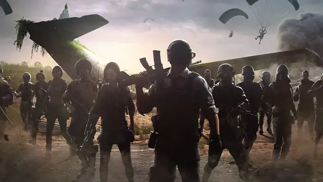 PUBG Battlegrounds soldiers parachuting into Erangel with the iconic plane flyover
