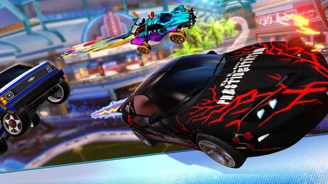 Rocket League car performing an aerial hit on the ball in a neon-lit arena