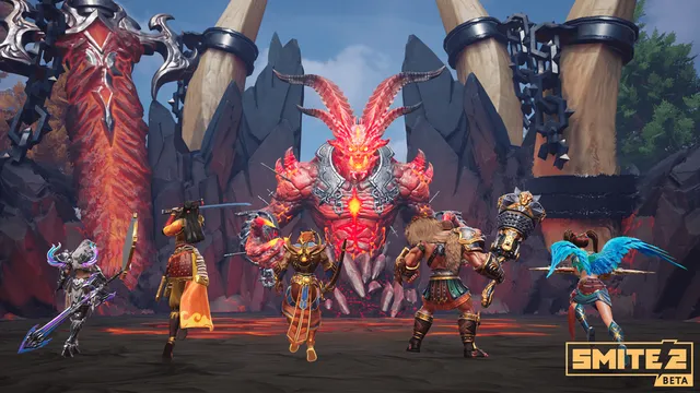 Smite 2 gods facing the Fire Giant in UE5 — the third-person MOBA where every ability is a skillshot