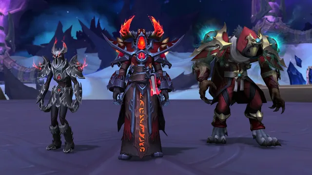 Three WoW characters in Season 3 Gladiator PVP armor — Rogue, Warlock, and Shaman